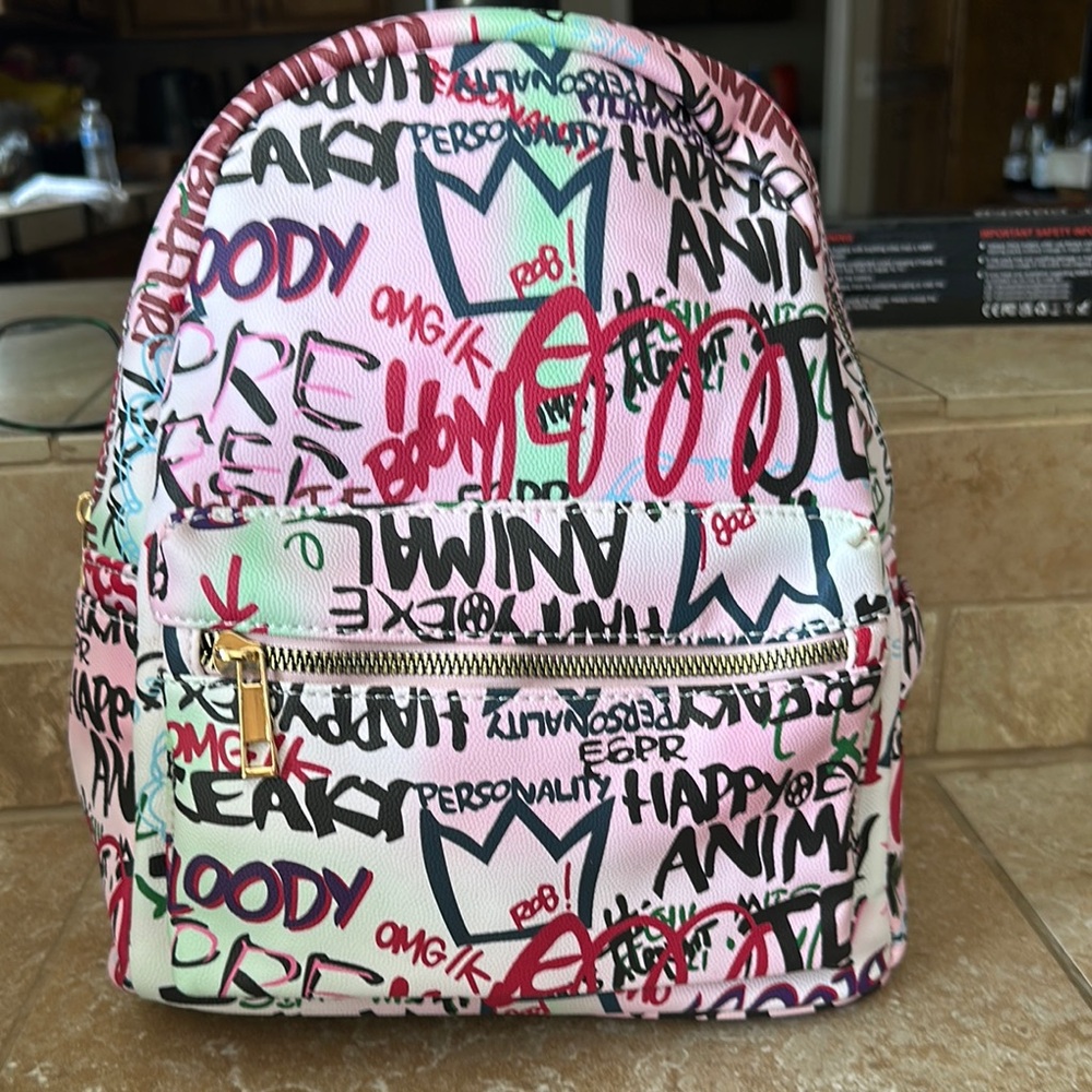 Caleesa Vegan Colorful Graffiti Print Backpack